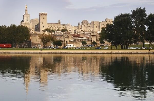 Popes Palace in Avignon and the Rhone river with the Palace reflected in the