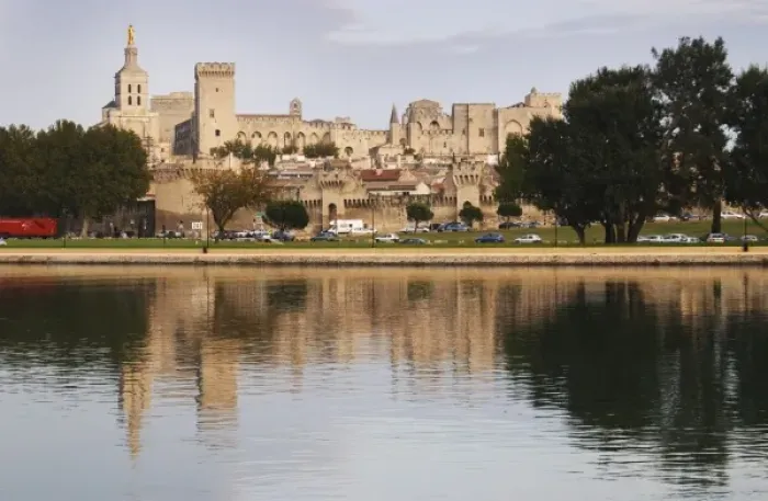 Framed Print : Popes Palace in Avignon and the Rhone river with the Palace reflected in