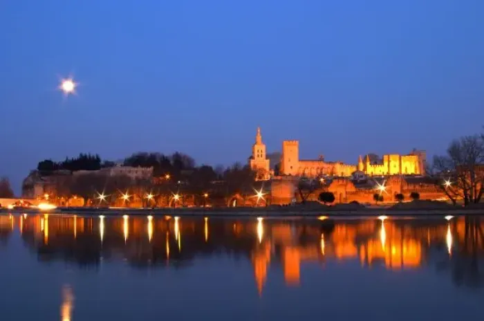 Framed Print : Popes Palace in Avignon and the Rhone river at sunset with moon, Vaucluse, Rhone