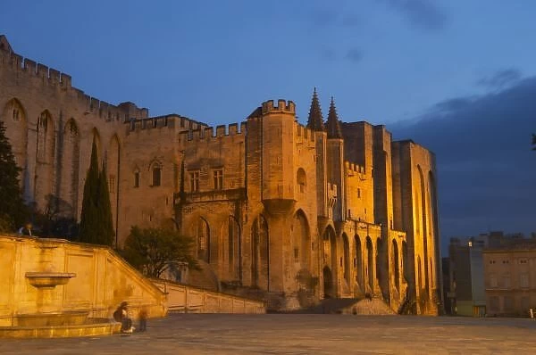 The Popes Palace in Avignon at sunset. Built in the 14th century to house the