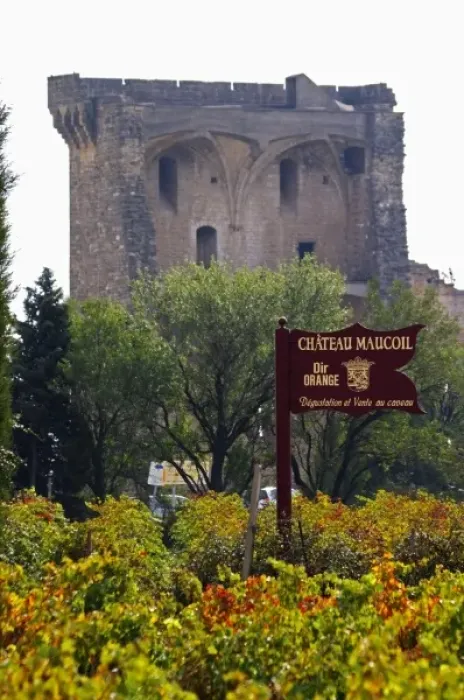 Framed Print : Popes summer palace over the vineyards. A sign to Chateau Maucoil, Chateauneuf-du-Pape Framed Print : Popes summer palace over the vineyards. A sign to Chateau Maucoil, Chateauneuf-du-Pape