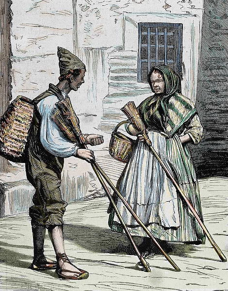 Popular types. Sellers of brooms. Valencia. Spain. Colored engraving in The Spanish