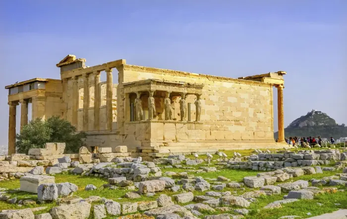 Framed Print : Porch Caryatids and ruins. Temple of Erechtheion, Athens, Greece. Columns of Greek maidens