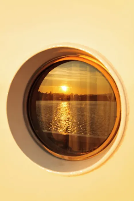 Framed Print : Porthole window view of Bainbridge Island, Washington State, USA