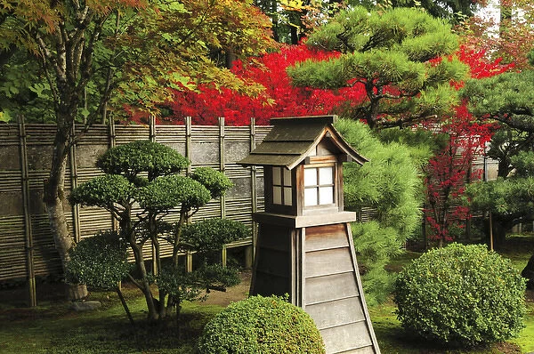Portland Japanese Garden in Autumn with Fire Hydrant, Portland, Oregon, USA