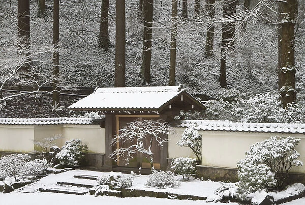 Portland Japanese Garden with a rare snow, Oregon