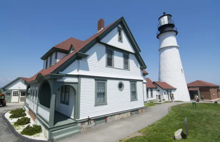 Framed Print : Portland Maine lighthouse famous Portland Head Light white with house on cliff Framed Print : Portland Maine lighthouse famous Portland Head Light white with house on cliff
