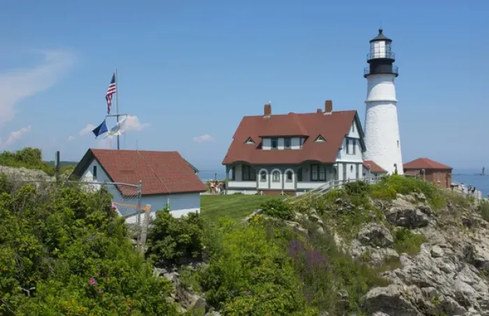 Framed Print : Portland Maine lighthouse famous Portland Head Light white with house on cliff