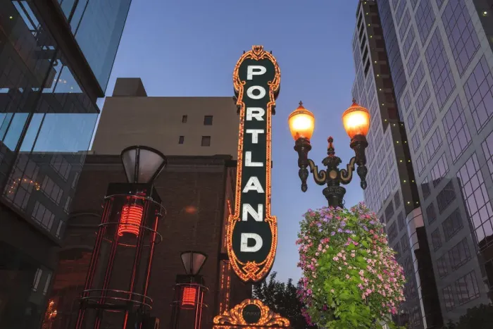 Framed Print : Portland Theater. Historic section of Downtown Portland near Pioneer Square, Oregon, USA Framed Print : Portland Theater. Historic section of Downtown Portland near Pioneer Square, Oregon, USA