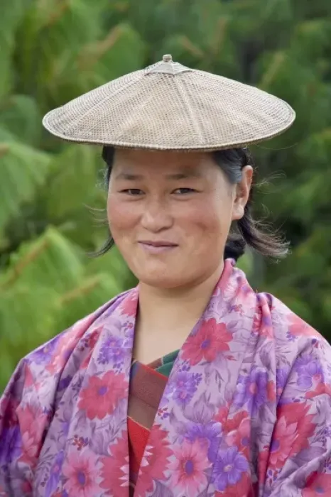 Framed Print : Portrait of a farmer wearing bamboo hat, Bumthang, Bhutan. (MR)