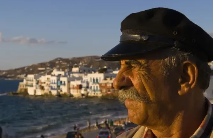 Framed Print : Portrait of a local elderly man looking at the sea, at Mykonos (MR)