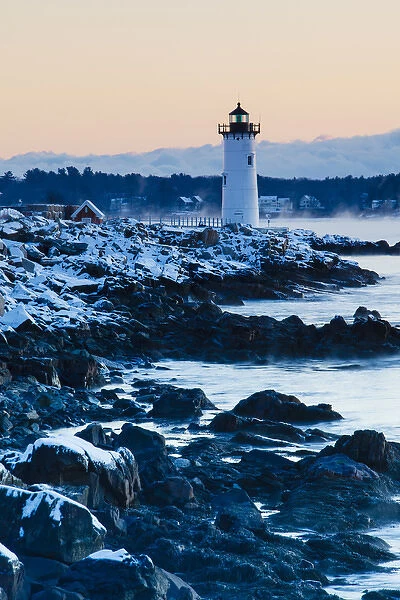 Portsmouth Harbor lighthouse in New Castle, New Hampshire. Dawn. Winter