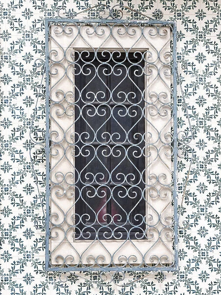 Portugal, Aveiro. Shuttered window on tiled wall with wrought iron covering