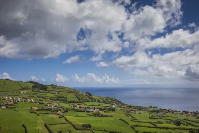 Framed Print : Portugal, Azores, Faial Island, Praia do Almoxarife. Elevated view of fields Framed Print : Portugal, Azores, Faial Island, Praia do Almoxarife. Elevated view of fields