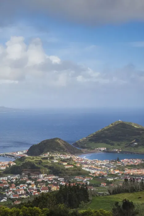 Framed Print : Portugal, Azores, Faial Island, Horta. Elevated view of Porto Pim, Monte Quelmado Framed Print : Portugal, Azores, Faial Island, Horta. Elevated view of Porto Pim, Monte Quelmado