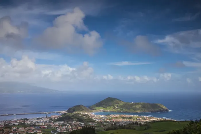 Framed Print : Portugal, Azores, Faial Island, Horta. Elevated view of Porto Pim, Monte Quelmado
