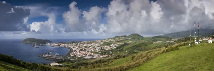 Framed Print : Portugal, Azores, Faial Island, Horta. Elevated town view from the Miradouro Espalamaca