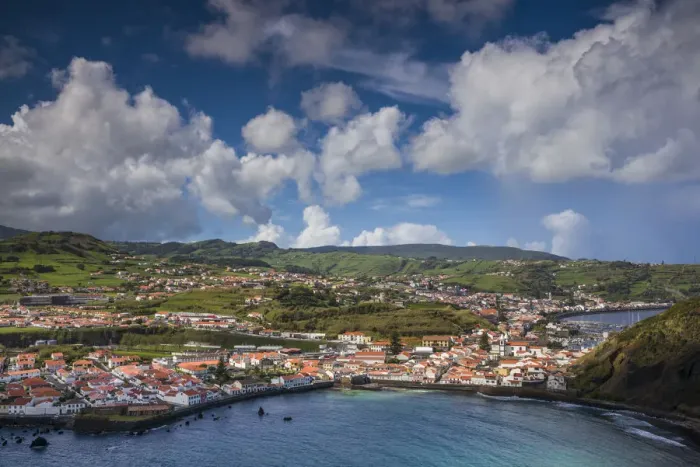 Framed Print : Portugal, Azores, Faial Island, Horta. Elevated view of town and Porto Pim from Monte Framed Print : Portugal, Azores, Faial Island, Horta. Elevated view of town and Porto Pim from Monte
