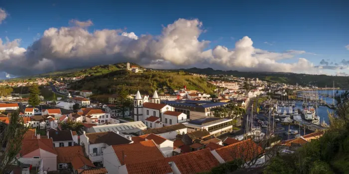 Framed Print : Portugal, Azores, Faial Island, Horta. Elevated town view from Monte Quelmado Framed Print : Portugal, Azores, Faial Island, Horta. Elevated town view from Monte Quelmado