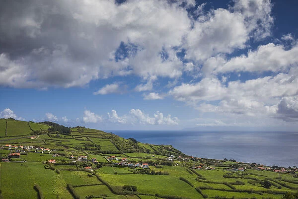 Portugal, Azores, Faial Island, Praia do Almoxarife. Elevated view of fields