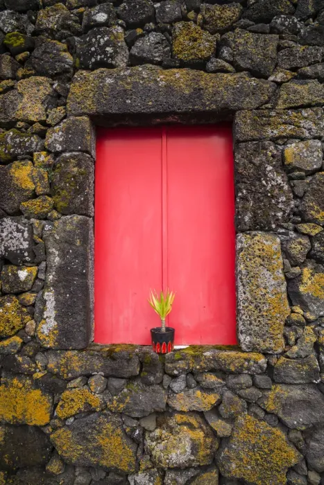 Framed Print : Portugal, Azores, Pico Island, Madalena. Red doors on barn