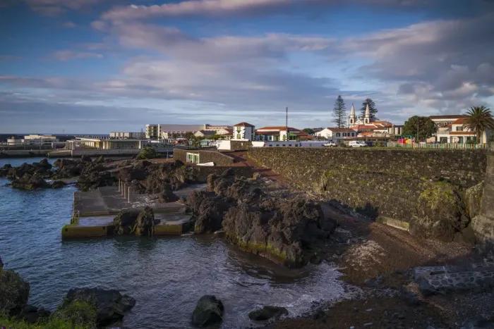 Framed Print : Portugal, Azores, Pico Island, Madalena. Harborfront town view