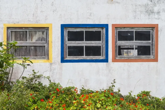 Framed Print : Portugal, Azores, Santa Maria Island, Anjos. Windows of the old factory