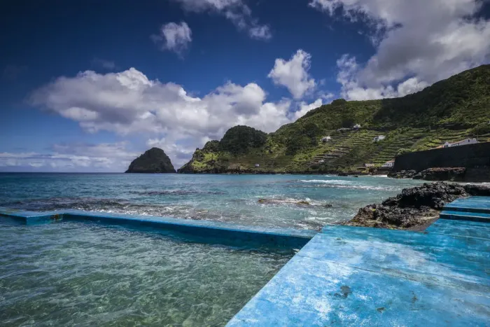Framed Print : Portugal, Azores, Santa Maria Island, Sao Lourenco. Town beach swimming platforms
