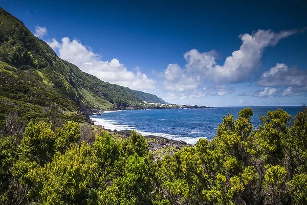 Portugal, Azores, Sao Jorge Island. Faja da Ribeira da Areia, coastal view