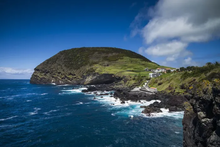 Framed Print : Portugal, Azores, Sao Jorge Island, Velas. Coastline by the Arco Natural Park