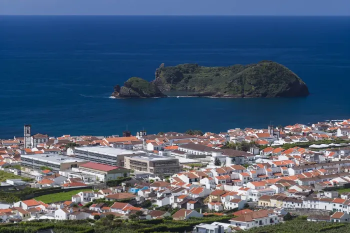 Framed Print : Portugal, Azores, Sao Miguel Island, Vila Franco do Campo. Elevated town view