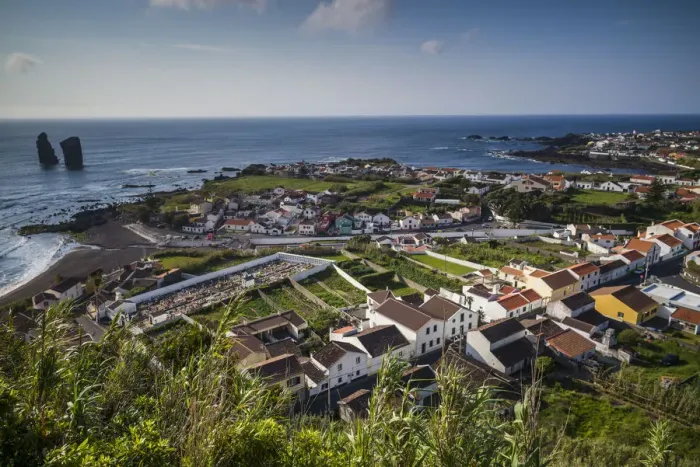 Framed Print : Portugal, Azores, Sao Miguel Island, Mosteiros. Elevated town view Framed Print : Portugal, Azores, Sao Miguel Island, Mosteiros. Elevated town view