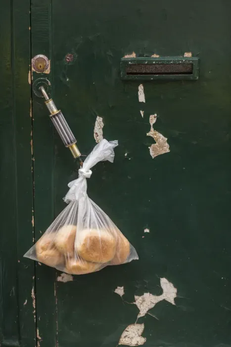 Framed Print : Portugal, Azores, Terceira Island, Angra do Heroismo. Bread roll delivery hanging on door Framed Print : Portugal, Azores, Terceira Island, Angra do Heroismo. Bread roll delivery hanging on door