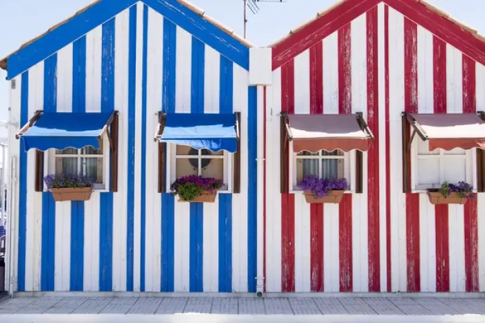 Framed Print : Portugal, Costa Nova, seaside, fishermans village with stripped, decorated houses Framed Print : Portugal, Costa Nova, seaside, fishermans village with stripped, decorated houses