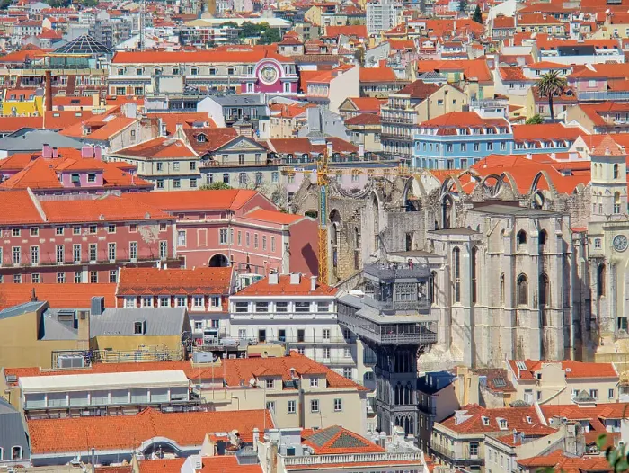 Framed Print : Portugal, Lisbon. A view of Lisbon with the Santa Justa Lift (Carmo Lift) and the ruins of the 14th-15th century Gothic church Igreja do Carmo