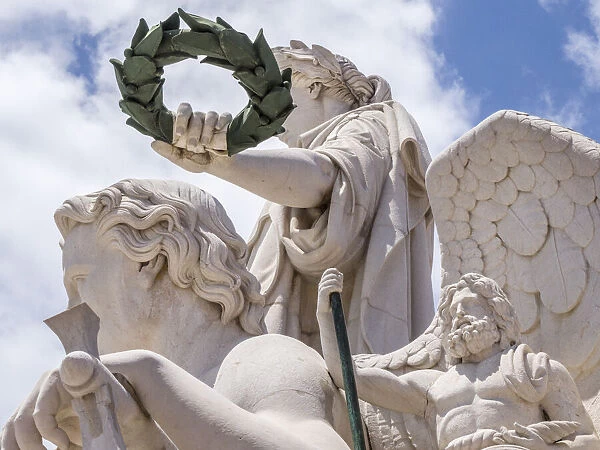 Portugal, Lisbon. Close-up of sculptures at the top of 18th century Arco da Rua Augusta