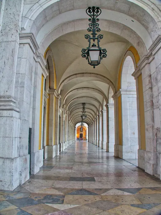 Framed Print : Portugal, Lisbon. Columns of the Arcade of Commerce Square