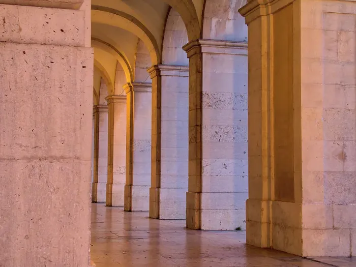 Framed Print : Portugal, Lisbon. Columns of the Arcade of Commerce Square with evening light Framed Print : Portugal, Lisbon. Columns of the Arcade of Commerce Square with evening light