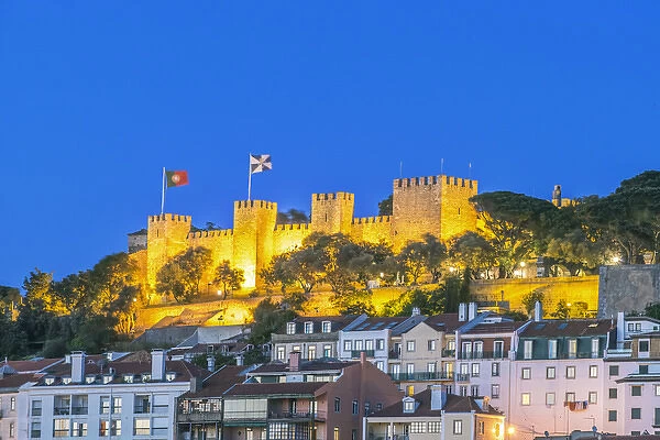 Portugal, Lisbon, Sao Jorge Castle at Dusk