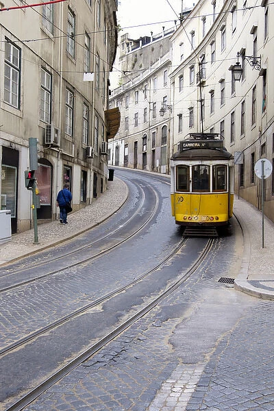 Portugal, Lisbon. Tram #25 tracks, historic Rua Nova Do Almada district