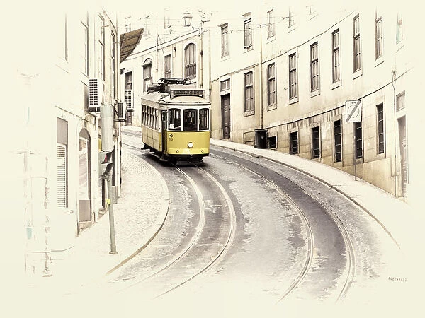 Portugal, Lisbon. View of yellow tramway