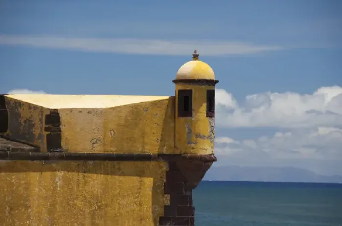 Framed Print : Portugal, Madeira Island, Funchal. Historic yellow Saint Tiago Fortress (aka Forte Framed Print : Portugal, Madeira Island, Funchal. Historic yellow Saint Tiago Fortress (aka Forte