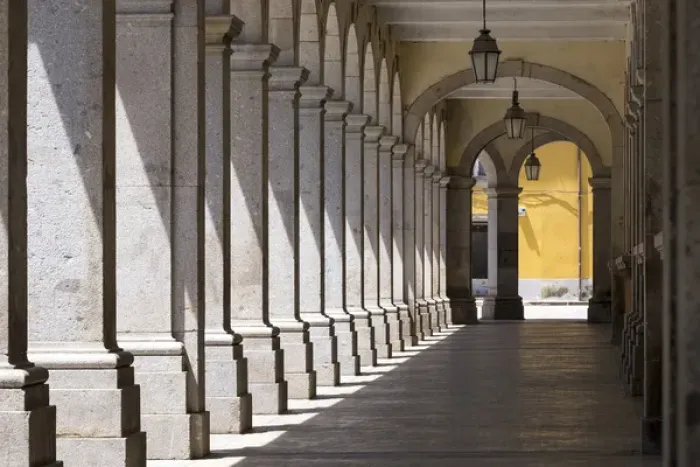 Framed Print : Portugal, Minho Province, Braga. Urban area arched corridor