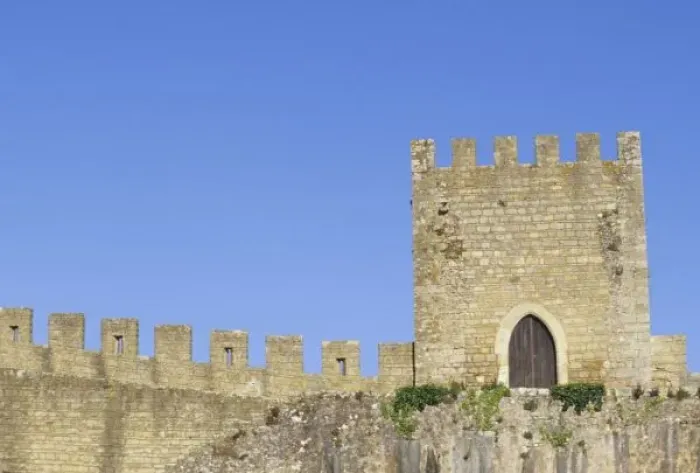 Framed Print : Portugal, Obidos. Castle towers and crenellated walls, 12th Century