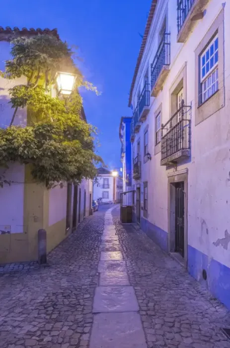 Framed Print : Portugal, Obidos, Cobblestone Street in the Historic Cente at Dawn Framed Print : Portugal, Obidos, Cobblestone Street in the Historic Cente at Dawn