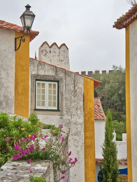 Framed Print : Portugal, Obidos. Graphic buildings inside the walled town Framed Print : Portugal, Obidos. Graphic buildings inside the walled town