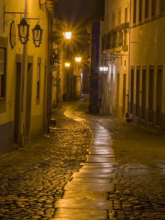 Framed Print : Portugal, Obidos. Walkway along the walled town of Obidos at night Framed Print : Portugal, Obidos. Walkway along the walled town of Obidos at night