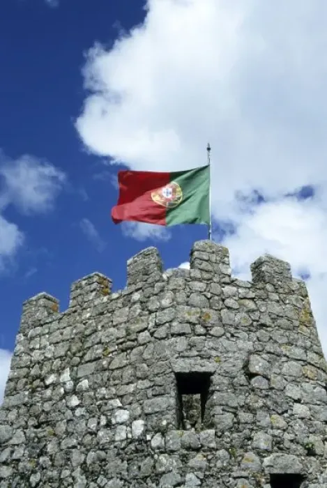 Framed Print : Portugal, Sintra. Portuguese flag on tower of Castelo dos Mouros, Moorish castle (8th c. )