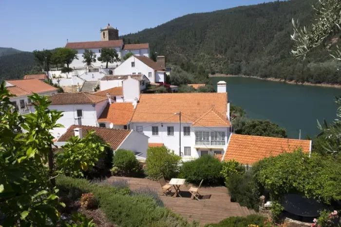 Framed Print : Portugal, Tomar, Castelo de Bode Dam and River Zezere. Tiled roofs of village houses