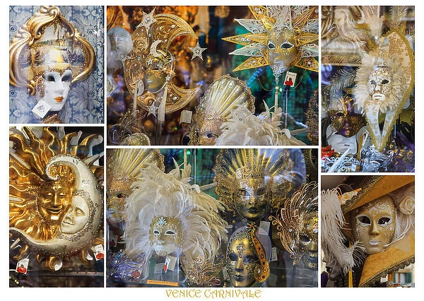 A poster featuring carnival masks found in shops in Venice